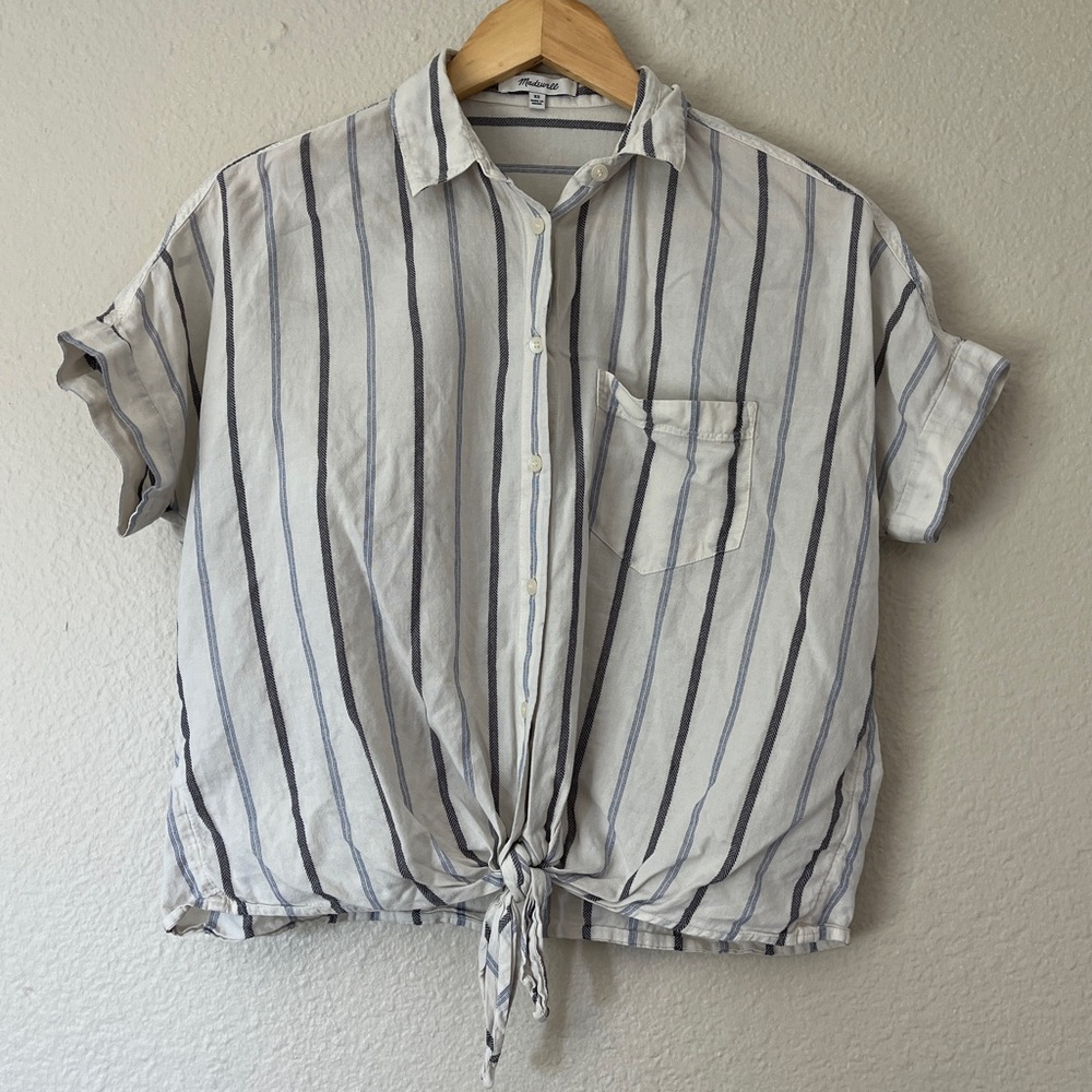 Madewell Women’s Extra Small Striped Button Down Short Cuff Sleeve Tie Top White